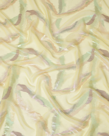 Lemon Yellow Premium Pure Silk Chiffon Fabric with Multicolor Metallic Lurex Design 110 Cms Width, Made in South Korea-D25868