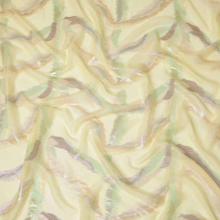 Lemon Yellow Premium Pure Silk Chiffon Fabric with Multicolor Metallic Lurex Design 110 Cms Width, Made in South Korea-D25868