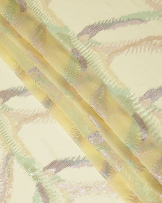 Lemon Yellow Premium Pure Silk Chiffon Fabric with Multicolor Metallic Lurex Design 110 Cms Width, Made in South Korea-D25868