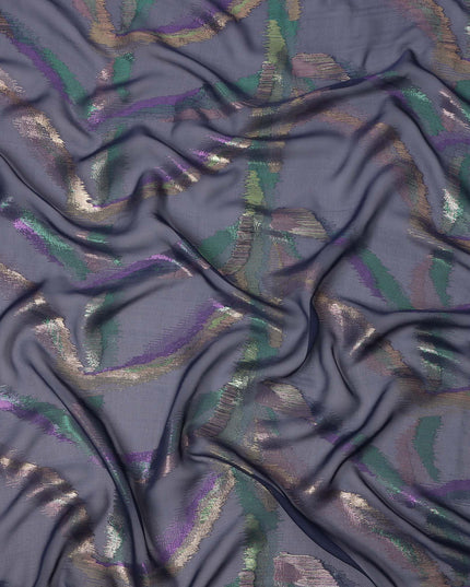Navy Blue Premium Pure Silk Chiffon Fabric with Multicolor Metallic Lurex Design 110 Cms Width, Made in South Korea-D25869