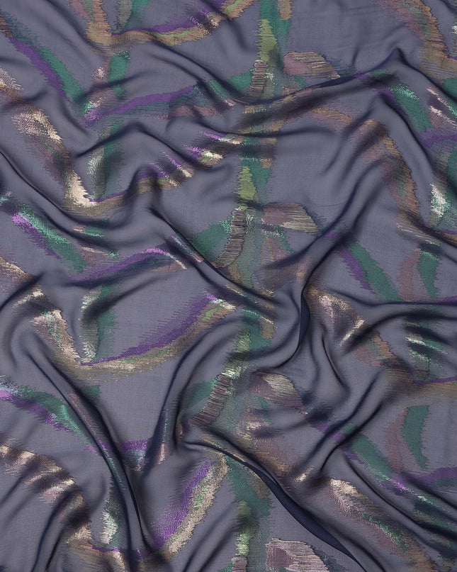 Navy Blue Premium Pure Silk Chiffon Fabric with Multicolor Metallic Lurex Design 110 Cms Width, Made in South Korea-D25869