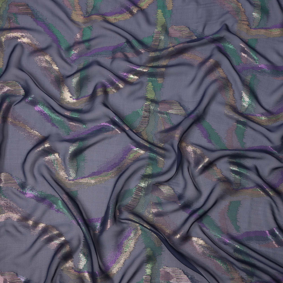 Blue Multicolor Abstract Silk Chiffon Fabric with Metallic Lurex 110 Cms Width South Korea-D24984