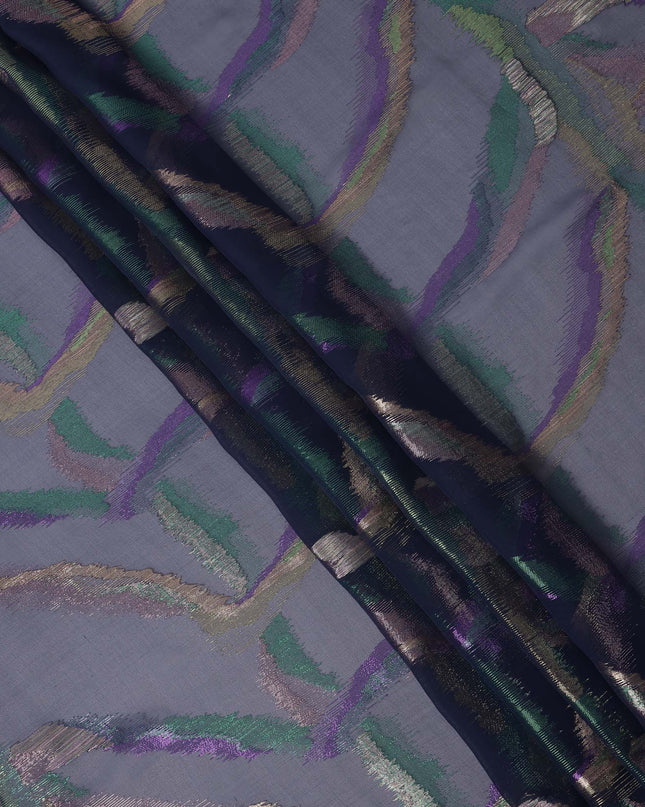 Navy Blue Premium Pure Silk Chiffon Fabric with Multicolor Metallic Lurex Design 110 Cms Width, Made in South Korea-D25869