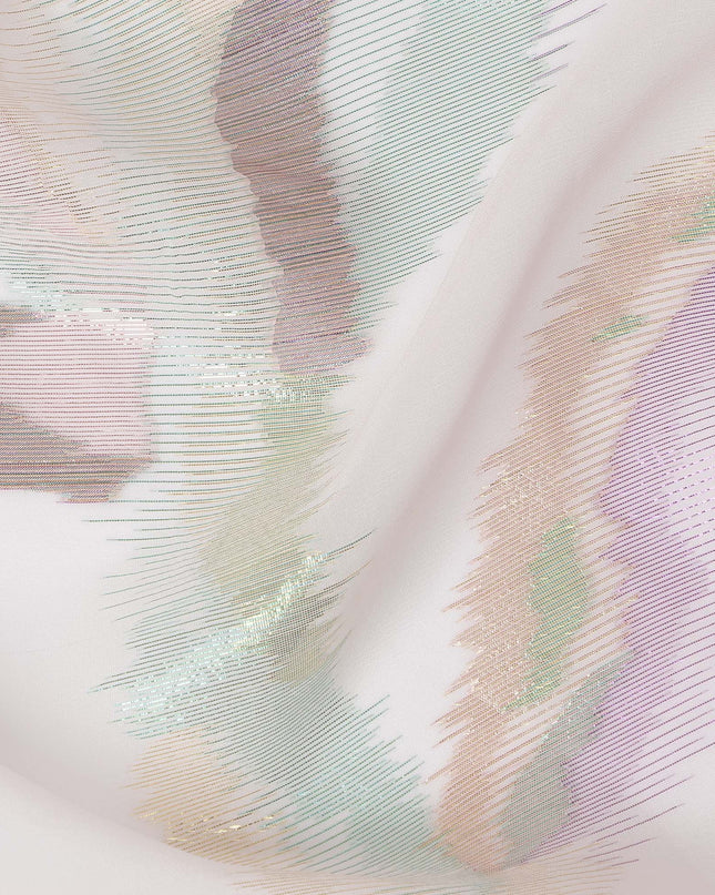 Ivory Premium Pure Silk Chiffon Fabric with Multicolor Metallic Lurex Design 110 Cms Width, Made in South Korea-D25867