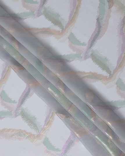 Grey Premium Pure Silk Chiffon Fabric with Multicolor Metallic Lurex Design 110 Cms Width, Made in South Korea-D25863