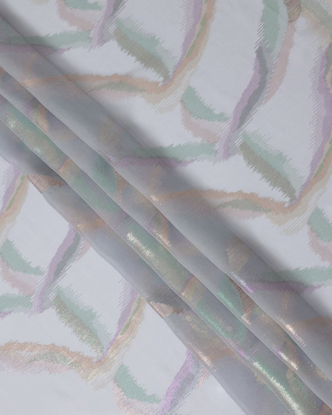 Grey Premium Pure Silk Chiffon Fabric with Multicolor Metallic Lurex Design 110 Cms Width, Made in South Korea-D25863