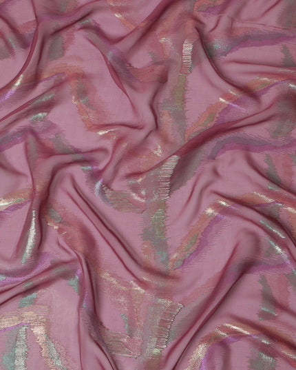 Rose Pink Premium Pure Silk Chiffon Fabric with Multicolor Metallic Lurex Design 110 Cms Width, Made in South Korea-D25864