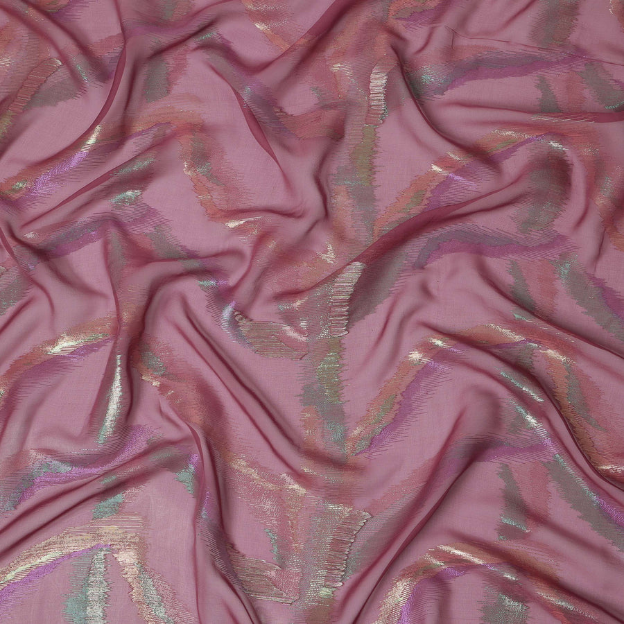 Rose Pink Premium Pure Silk Chiffon Fabric with Multicolor Metallic Lurex Design 110 Cms Width, Made in South Korea-D25864