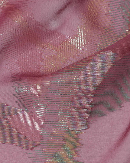 Rose Pink Premium Pure Silk Chiffon Fabric with Multicolor Metallic Lurex Design 110 Cms Width, Made in South Korea-D25864