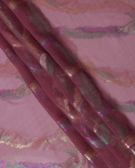 Rose Pink Premium Pure Silk Chiffon Fabric with Multicolor Metallic Lurex Design 110 Cms Width, Made in South Korea-D25864