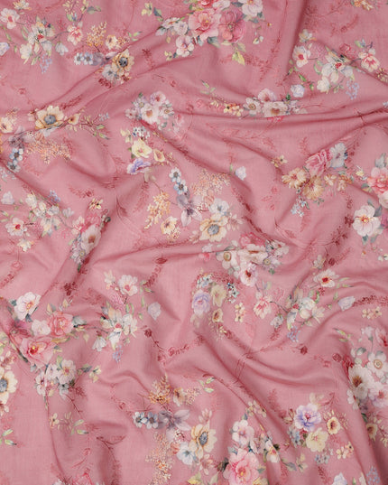 Dusty Pink Floral Printed Viscose Cotton Fabric, 110 Cms Width, India-D24817