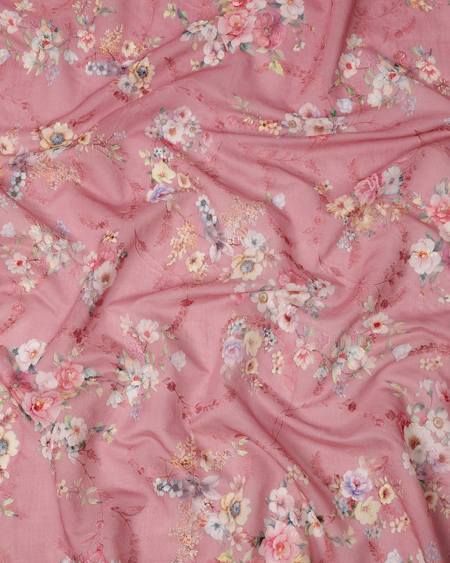 Dusty Pink Floral Printed Viscose Cotton Fabric, 110 Cms Width, India-D24817