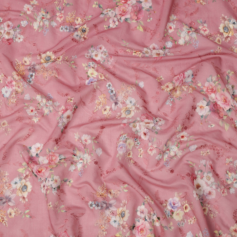 Dusty Pink Floral Printed Viscose Cotton Fabric, 110 Cms Width, India-D24817