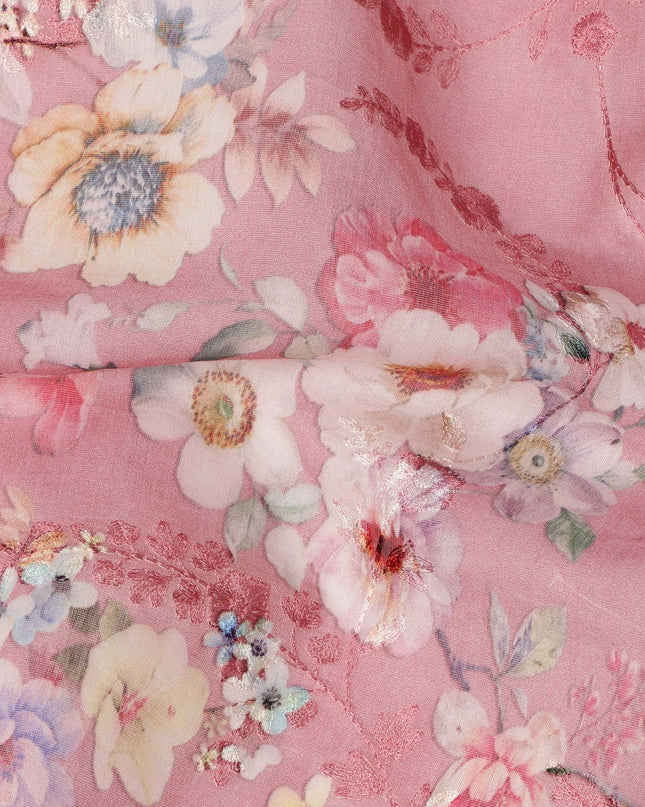 Dusty Pink Floral Printed Viscose Cotton Fabric, 110 Cms Width, India-D24817