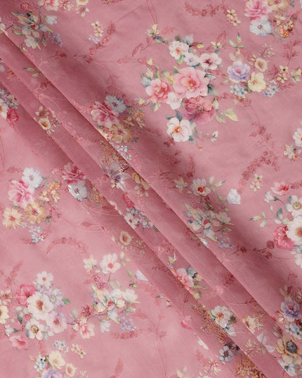 Dusty Pink Floral Printed Viscose Cotton Fabric, 110 Cms Width, India-D24817