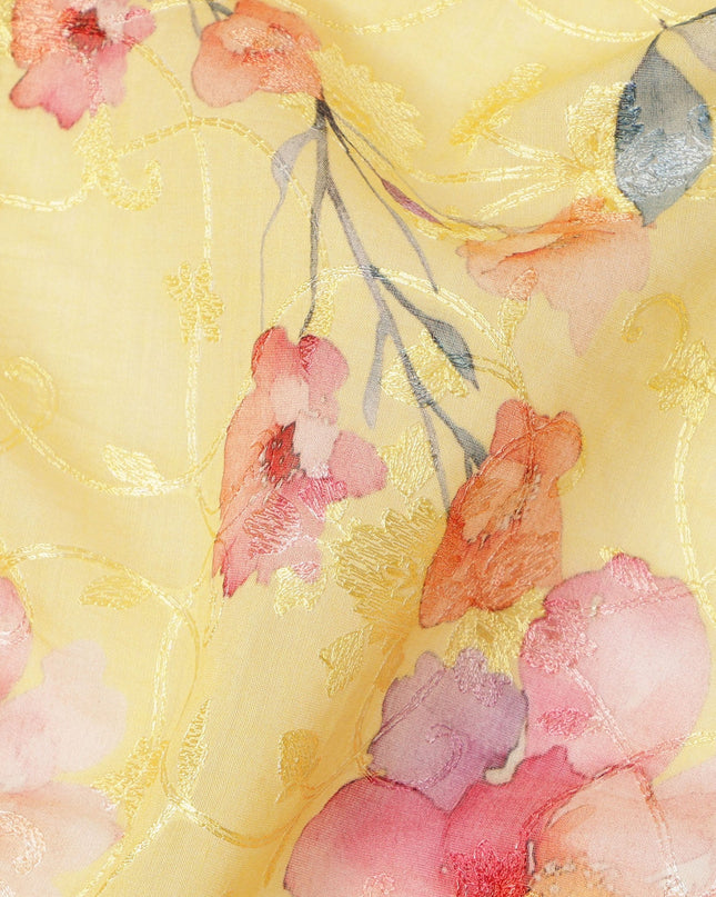 Yellow Multicolor Floral Printed Viscose Cotton Fabric, 110 Cms Width, India-D24826