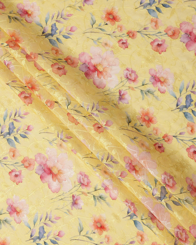 Yellow Multicolor Floral Printed Viscose Cotton Fabric, 110 Cms Width, India-D24826
