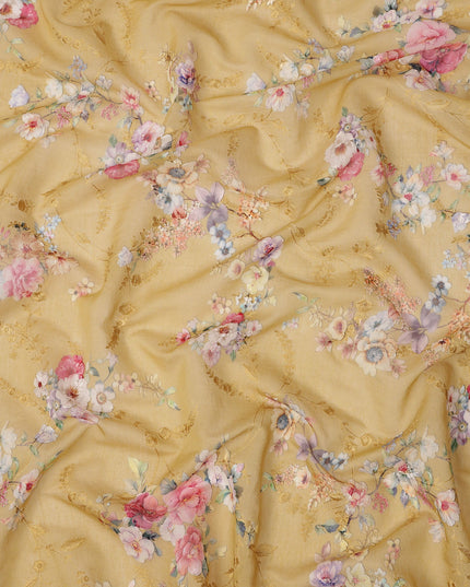 Mustard Yellow Floral Printed Viscose Cotton Fabric, 110 Cms Width, India-D24818