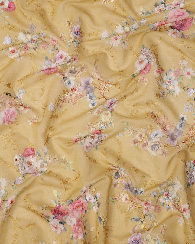 Mustard Yellow Floral Printed Viscose Cotton Fabric, 110 Cms Width, India-D24818