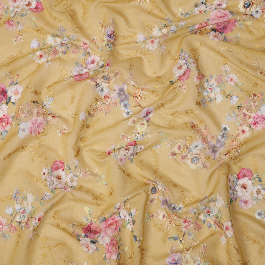 Mustard Yellow Floral Printed Viscose Cotton Fabric, 110 Cms Width, India-D24818