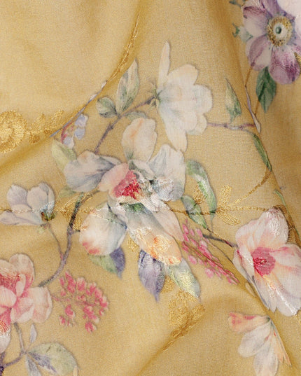 Mustard Yellow Floral Printed Viscose Cotton Fabric, 110 Cms Width, India-D24818