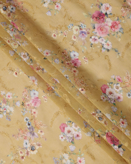 Mustard Yellow Floral Printed Viscose Cotton Fabric, 110 Cms Width, India-D24818