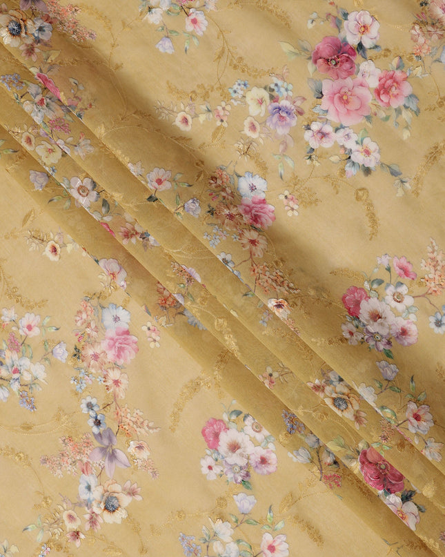 Mustard Yellow Floral Printed Viscose Cotton Fabric, 110 Cms Width, India-D24818
