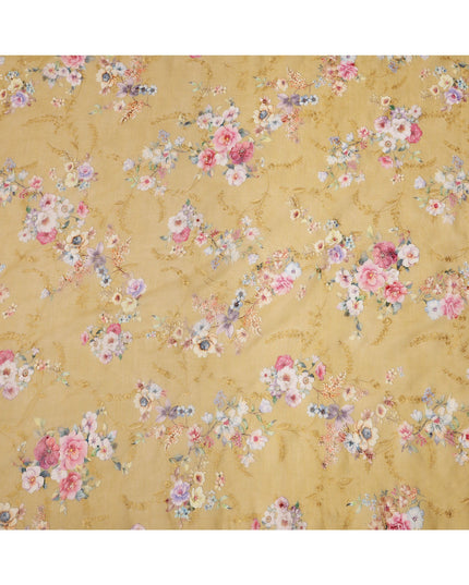 Mustard Yellow Floral Printed Viscose Cotton Fabric, 110 Cms Width, India-D24818