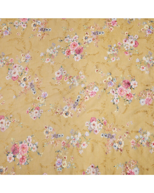Mustard Yellow Floral Printed Viscose Cotton Fabric, 110 Cms Width, India-D24818