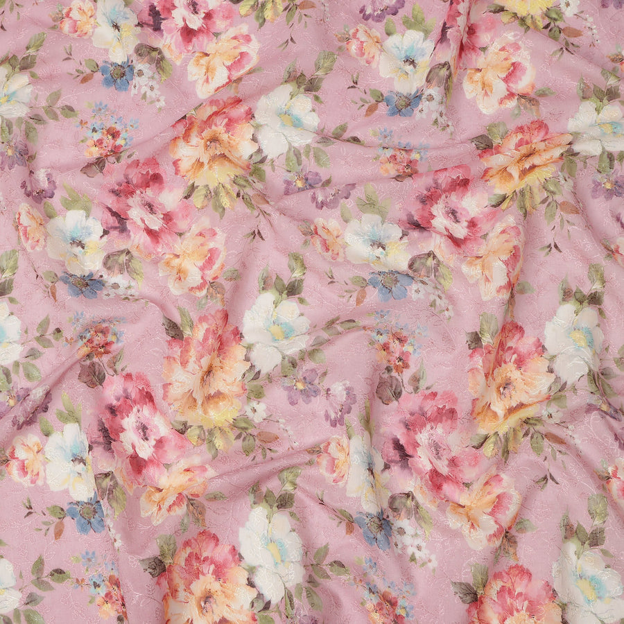 Pink Multicolor Floral Printed Viscose Cotton Fabric, 110 Cms Width, India-D24827