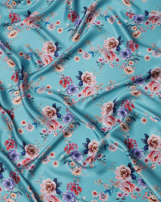 Sky Blue Multicolor Floral Print Premium Pure Silk Satin Fabric, 110 cm Width, Elegant Botanical Design, Origin: South Korea-D26819