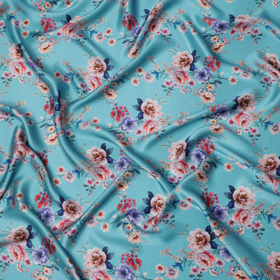 Sky Blue Multicolor Floral Print Premium Pure Silk Satin Fabric, 110 cm Width, Elegant Botanical Design, Origin: South Korea-D26819
