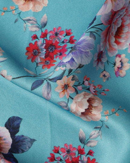 Sky Blue Multicolor Floral Print Premium Pure Silk Satin Fabric, 110 cm Width, Elegant Botanical Design, Origin: South Korea-D26819