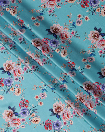 Sky Blue Multicolor Floral Print Premium Pure Silk Satin Fabric, 110 cm Width, Elegant Botanical Design, Origin: South Korea-D26819