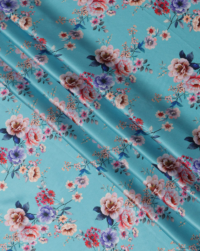 Sky Blue Multicolor Floral Print Premium Pure Silk Satin Fabric, 110 cm Width, Elegant Botanical Design, Origin: South Korea-D26819