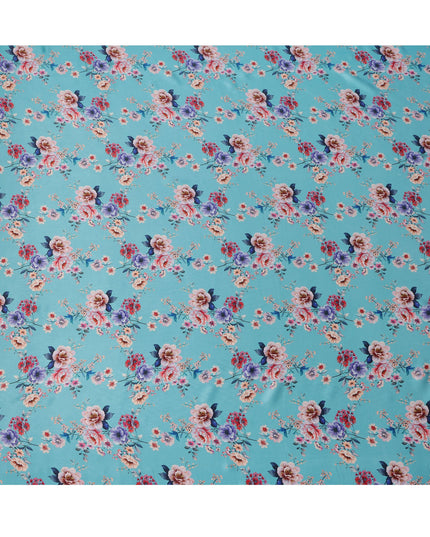 Sky Blue Multicolor Floral Print Premium Pure Silk Satin Fabric, 110 cm Width, Elegant Botanical Design, Origin: South Korea-D26819