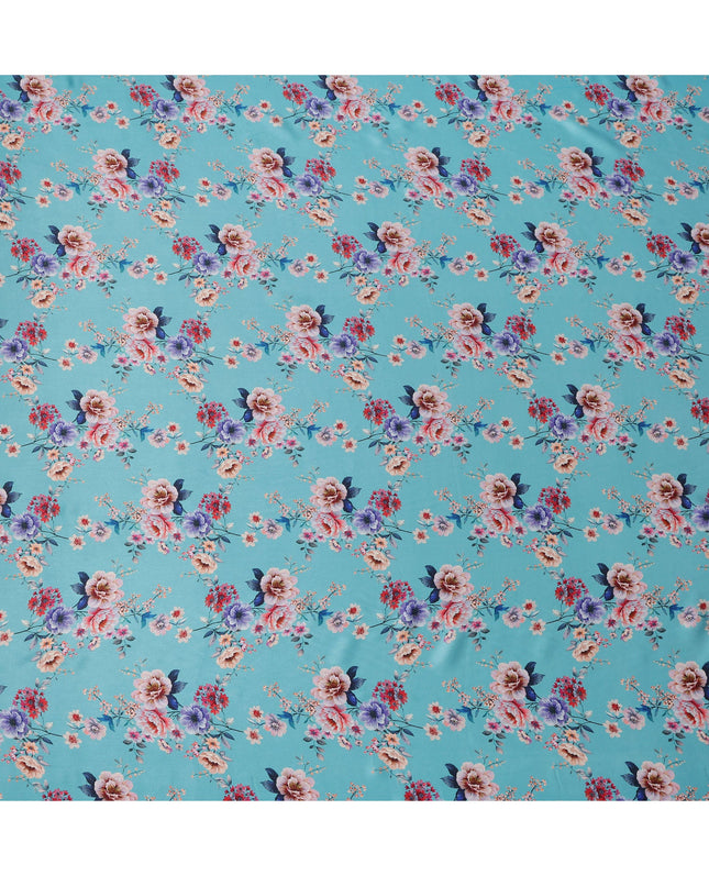 Sky Blue Multicolor Floral Print Premium Pure Silk Satin Fabric, 110 cm Width, Elegant Botanical Design, Origin: South Korea-D26819