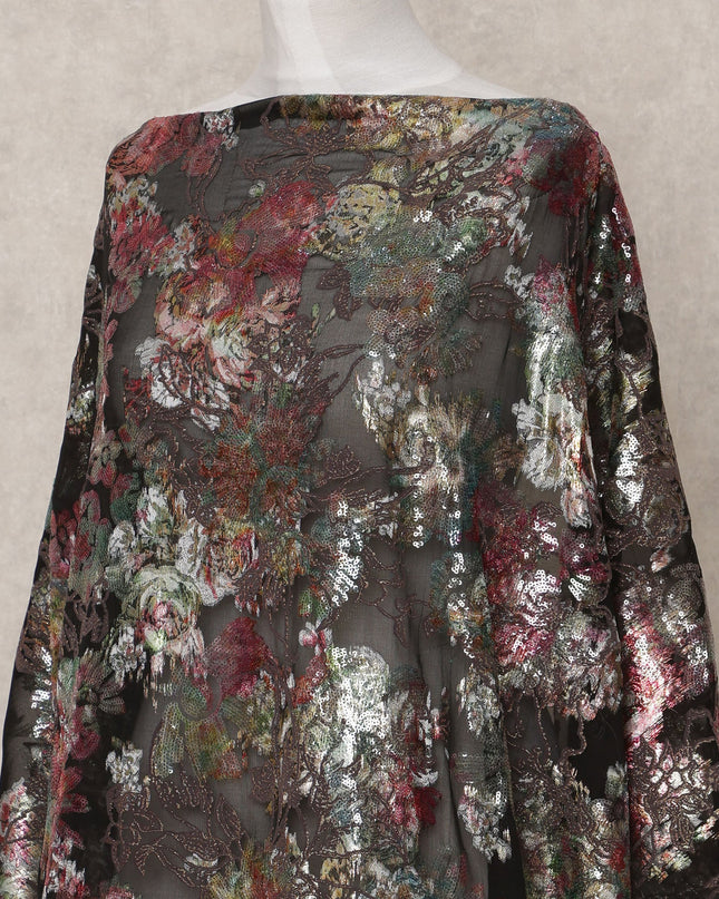 Charcoal Black Pure Silk Chiffon Somali Dirac Fabric with Metallic Lurex, 3.5 Mtrs, Width 140 Cms, Made in South Korea-D24533