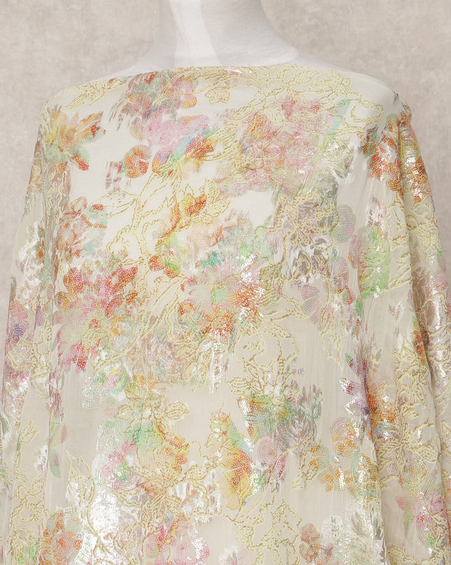 Ivory Cream Pure Silk Chiffon Somali Dirac Fabric with Metallic Lurex, 3.5 Mtrs, Width 140 Cms, Made in South Korea-D24534