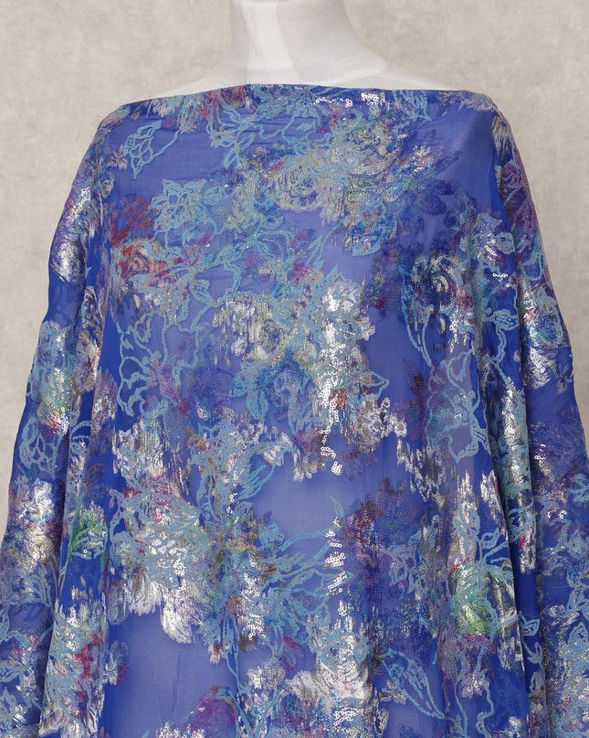 Royal Blue Pure Silk Chiffon Somali Dirac Fabric with Metallic Lurex, 3.5 Mtrs, Width 140 Cms, Made in South Korea-D24535