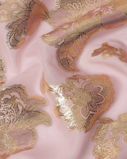 Light Pink Floral Pattern Silk Chiffon Fabric with Metallic Lurex, 110 Cms, South Korea-D25500