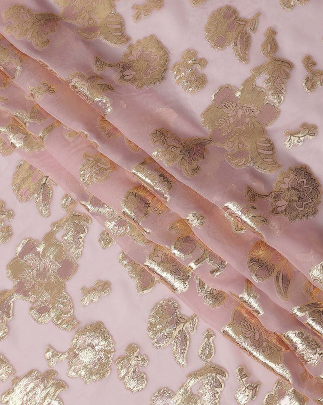 Light Pink Floral Pattern Silk Chiffon Fabric with Metallic Lurex, 110 Cms, South Korea-D25500