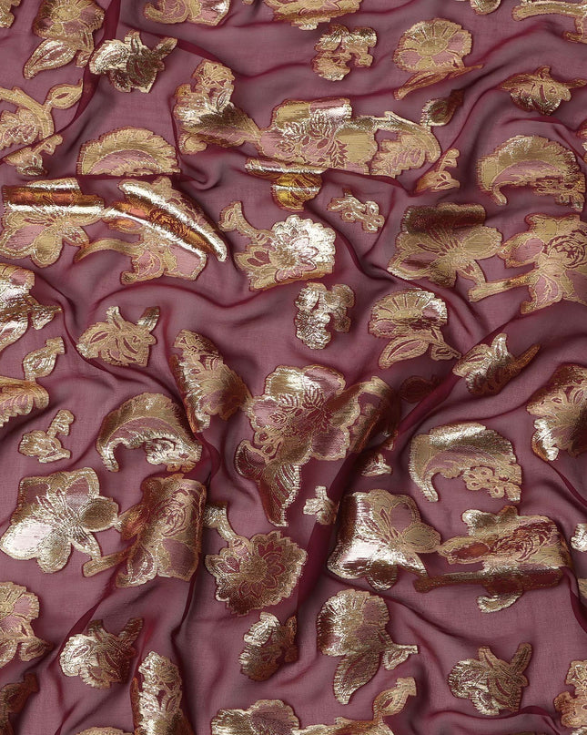 Wine Red Floral Pattern Silk Chiffon Fabric with Metallic Lurex, 110 Cms, South Korea-D25502