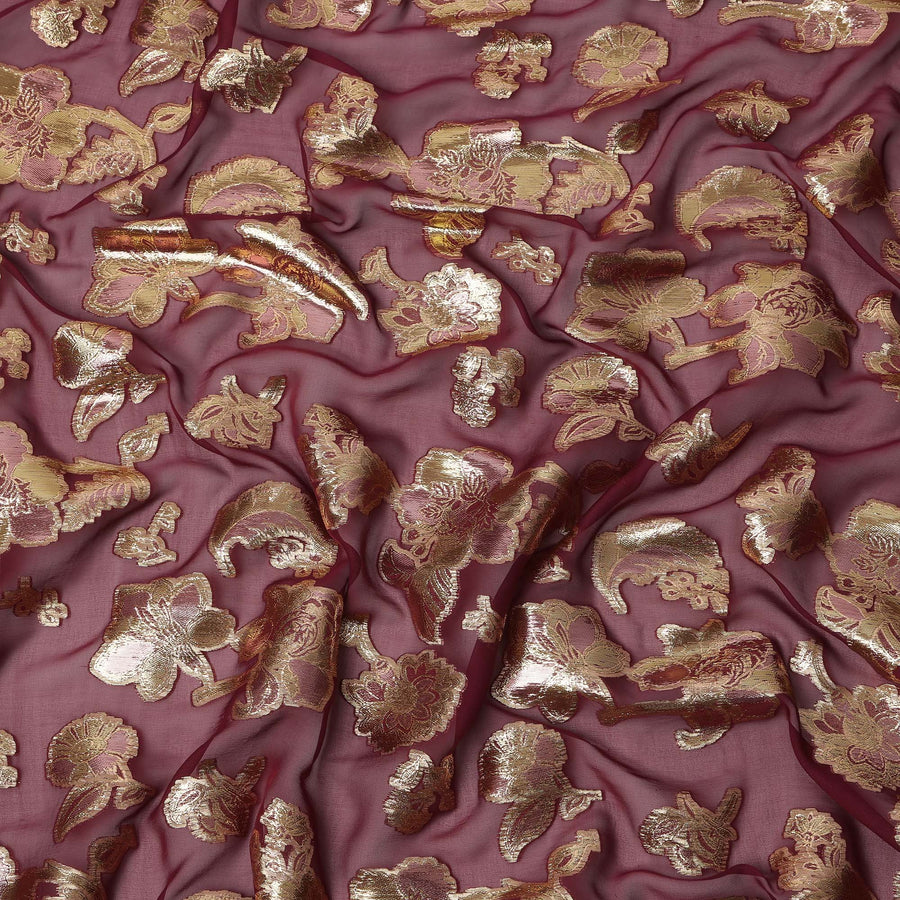 Wine Red Floral Pattern Silk Chiffon Fabric with Metallic Lurex, 110 Cms, South Korea-D25502