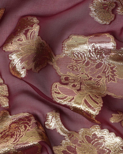 Wine Red Floral Pattern Silk Chiffon Fabric with Metallic Lurex, 110 Cms, South Korea-D25502