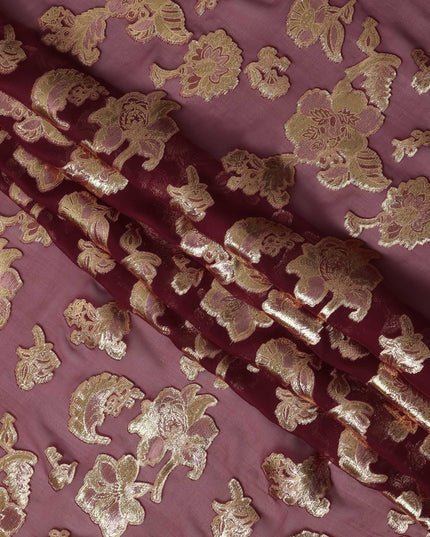 Wine Red Floral Pattern Silk Chiffon Fabric with Metallic Lurex, 110 Cms, South Korea-D25502