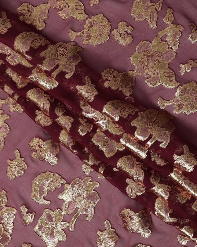 Wine Red Floral Pattern Silk Chiffon Fabric with Metallic Lurex, 110 Cms, South Korea-D25502