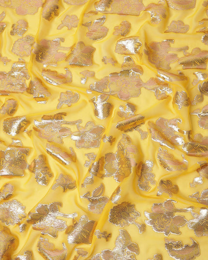 Yellow Floral Pattern Silk Chiffon Fabric with Metallic Lurex, 110 Cms, South Korea-D25505