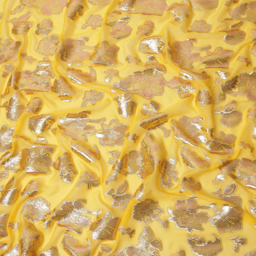 Yellow Floral Pattern Silk Chiffon Fabric with Metallic Lurex, 110 Cms, South Korea-D25505