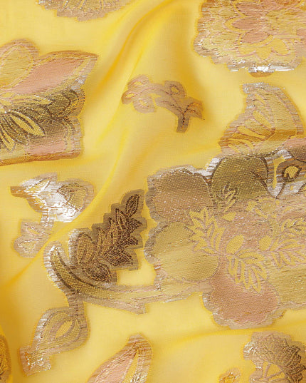 Yellow Floral Pattern Silk Chiffon Fabric with Metallic Lurex, 110 Cms, South Korea-D25505